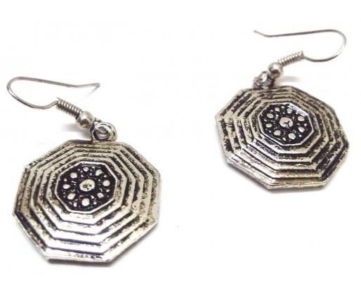 OCTAGON Silver Oxidized Earring - Hook Dangle Drop Long - Asian Novelty Tribal